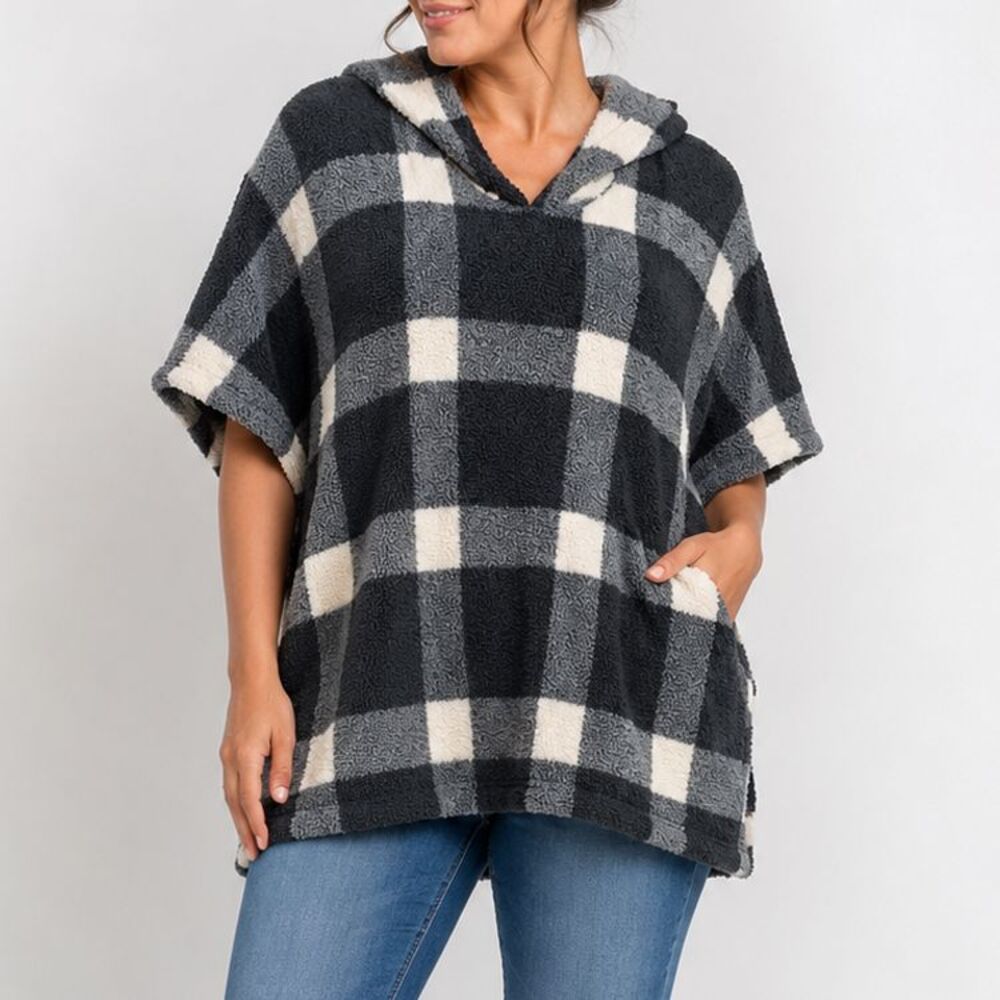 Lane Bryant Sz 18/20 Buffalo Plaid Sherpa Hoodie Poncho Gray Black Pullover Cozy